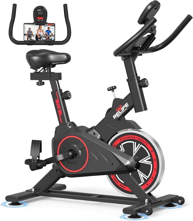 relife rebuild your life exercise bike stationary for home indoor,cycling bike with silent belt drive for home cardio,brake pad resistance with djustable & comfort seat/pad holder/lcd monitor.