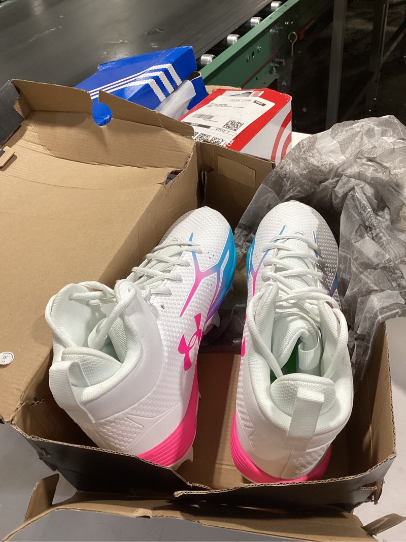 Condition photo showing New/Like New for Under Armour Mens Spotlight Hammer Football Cleats 9.5 (101) White/Fresco Blue/Pink Rave