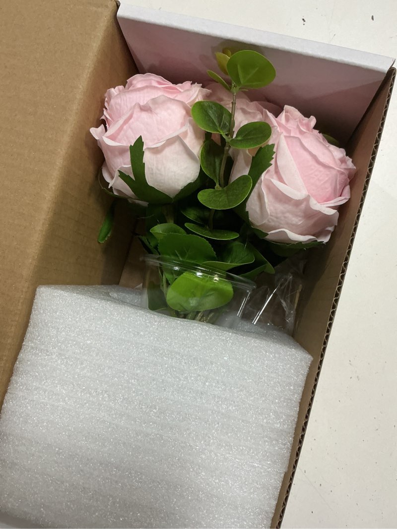 Condition photo showing New/Like New for artificial flowers with pink roses in vase, lifelike fake flowers in vase, faux flower arrangements for dining table centerpiece decor, table centerpieces for dining room pink simulated rose with vase
