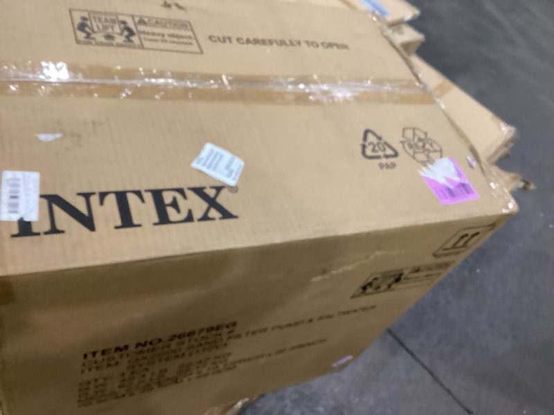 Condition photo showing As Is for intex 2,650 gph krystal clear sand filter pump and saltwater pool chlorine system for above ground pools, pool cleaner system with automatic timer sand filter pump & saltwater system for pools up to 15,000 gallons