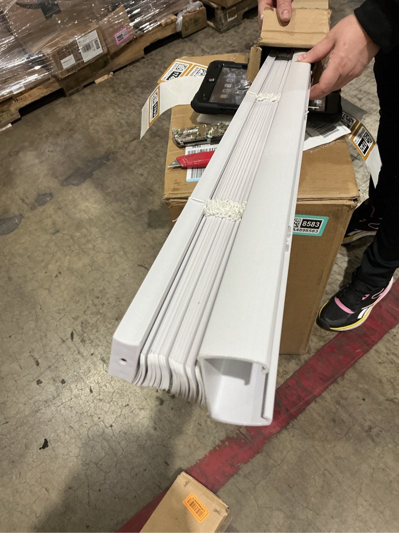 Condition photo showing Good Condition for lotus & windoware cordless mini blind, 1\" vinyl slats, 22\" wide x 72\" long - white, window blinds for home and office, interior door blinds - light filtering 72 w x 60 h white