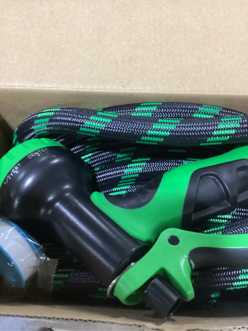 Condition photo showing Good Condition for non-expandable garden hose 50 ft, heavy-duty & flexible water hose with 10-function nozzle, kink-free & leak-proof design, ultra lightweight portable yard hose for lawn, car, outdoor use