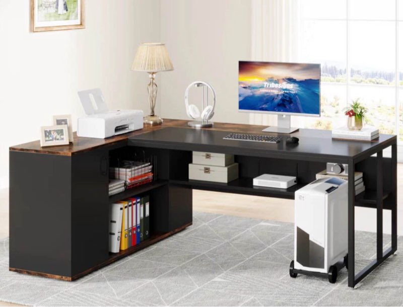 Large L-Shaped Desk, 71 inch Executive Desk with Shelves & Cabinet HOGA-YS0120-B ( INCOMPLETE )