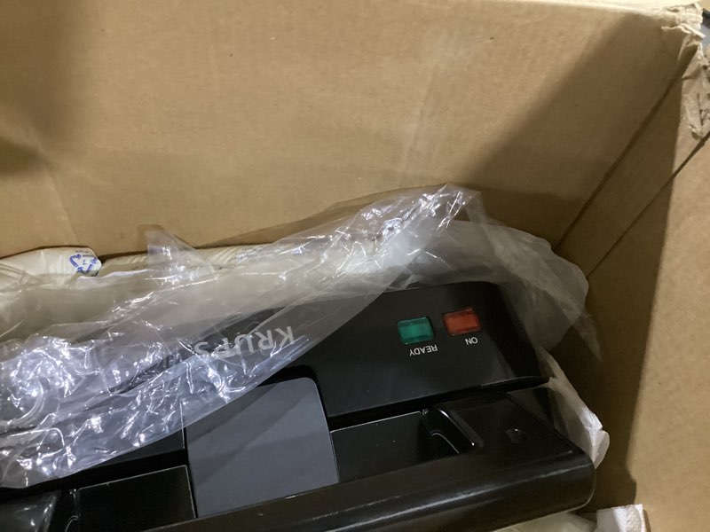 Condition photo showing As Is for krups 4-slice belgian waffle maker: stainless steel, 5 browning levels, audible ready beep, removable plates, 1200w, silver/black, large waffle maker family size, great for family breakfasts