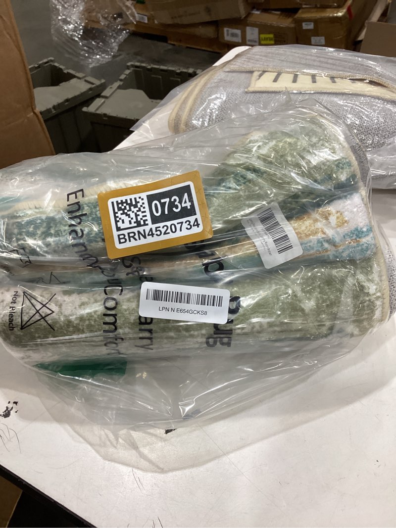 Condition photo showing New/Like New for lansny modern abstract 2x5 runner rug non slip washable kitchen rugs | green mustard multi;thin printed faux wool entryway runners;hallway rug runner;carpet ruuner for bedroom, laundry room green teal mustard multi 2' x 5' (runner)