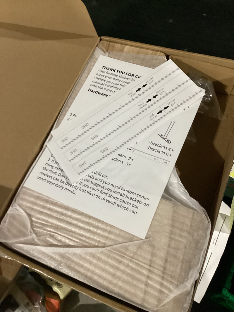 Condition photo showing New/Like New for Floating Corner Shelves Set of 3, Solid Wood Picture Wall Shelf, Floating Shelves for Storage for Bedroom Kitchen Bathroom Living Room (Light Burnt)