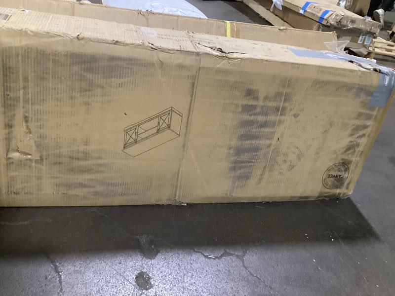 Condition photo showing New/Like New for IDEALHOUSE Farmhouse TV Stand and Entertainment Center for Tv up to 65 inches with Sliding Barn Doors and Adjustable Shelf, Tv Media Console Table with Storage Cabinet for Living Room, Grey New Farmhouse Grey