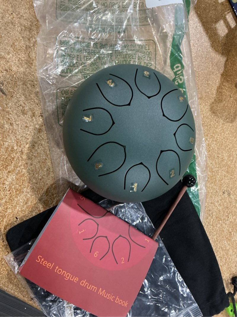 Condition photo showing Good Condition for rain drum for outside garden, 6 inches 8 notes steel tongue chakra drums, waterproof meditation rain chime, musical instruments for adult gift with bag, music book, drum mallets (green) 6 inches green