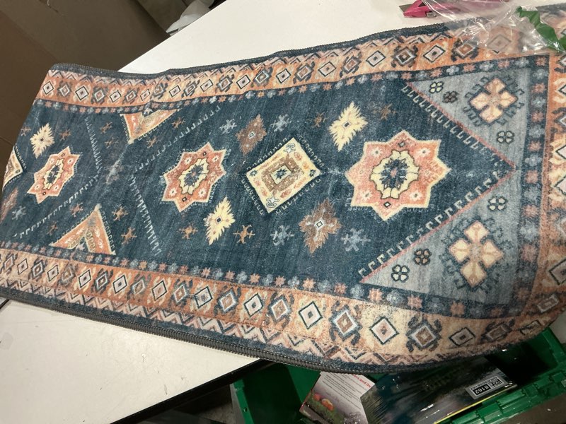 Condition photo showing Good Condition for kuta vintage washable runner rug, 2x6 ivory blue runners for hallways non-slip kitchen rugs ultra soft printed tribal floor carpet for bedroom living room nursery playroom 2' x 8' (runner) ivory blue