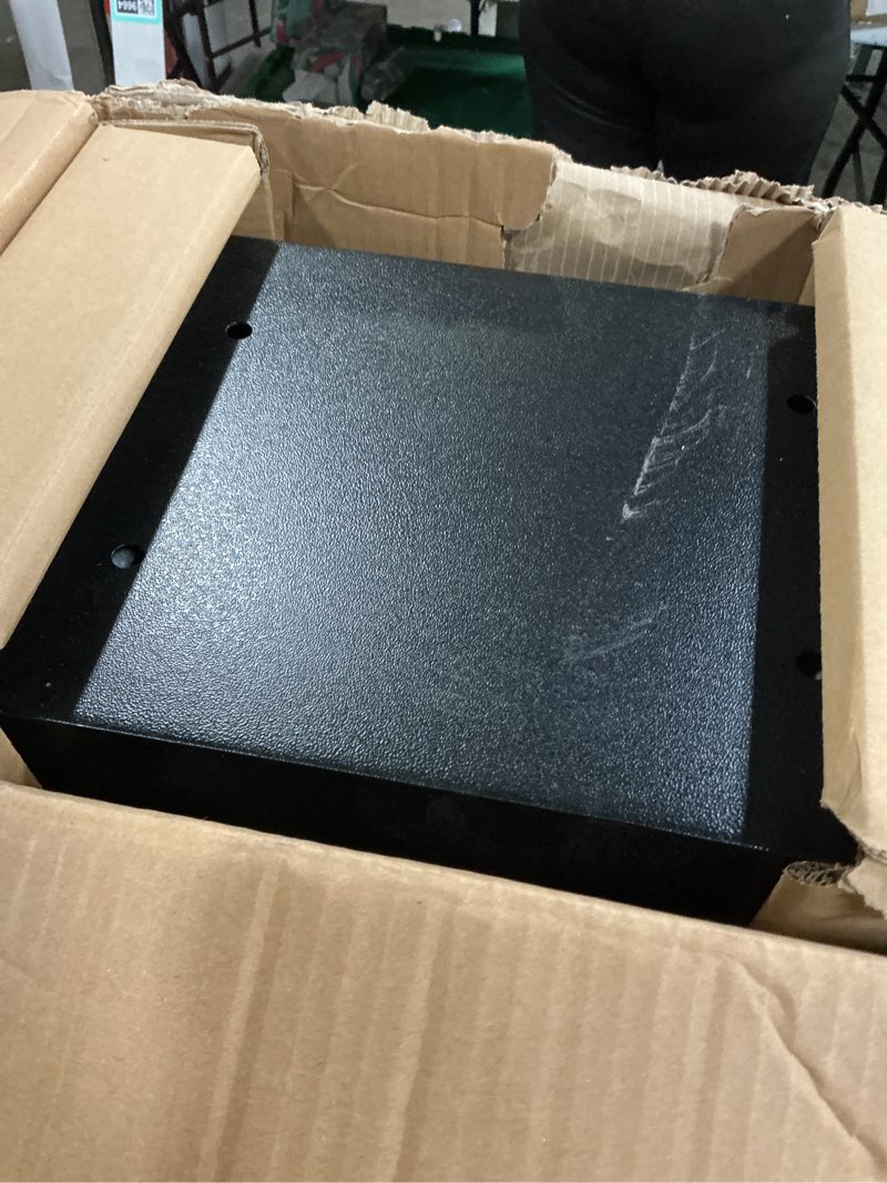 Condition photo showing As Is for amazon basics steel security safe and lock box with electronic keypad, secure documents storage, black, 0.5 cubic feet, 13.8"w x 9.8"d x 9.8"h, removable shelf