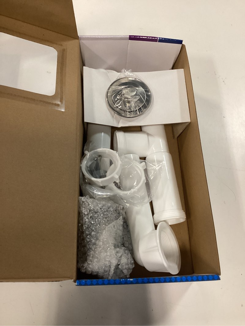 Condition photo showing As Is for dearborn 1-1/2-in brushed nickel push n' pull white/brushed nickel push-pull drain with polypropylene pipe included