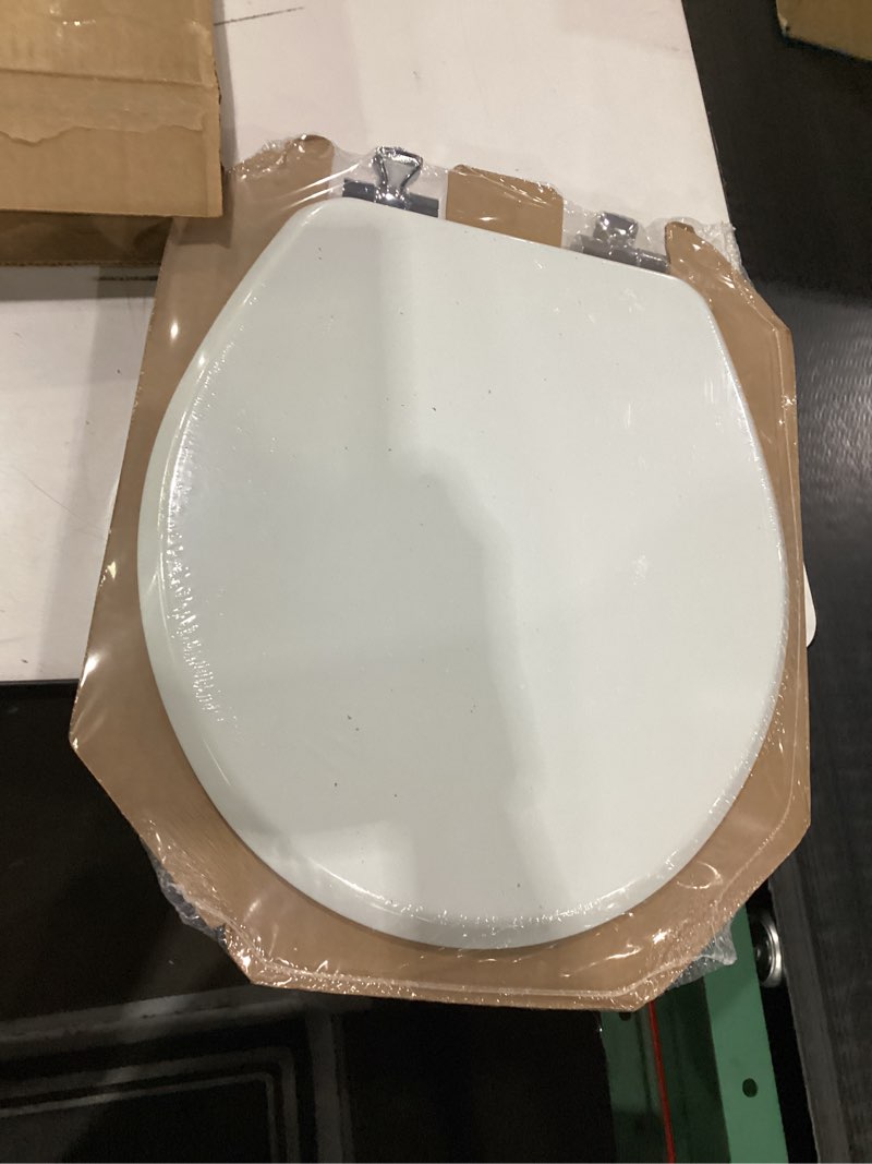 Condition photo showing Good Condition for mayfair bennett toilet seat with chrome hinges, slow close wood seat, secure metal hinges, easy install, made in usa, round, white round chrome