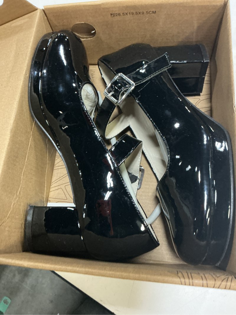 Condition photo showing As Is for femflame women's low chunky heel mary jane pumps ankle buckle strap sweet round toe dress shoes jk cosplay uniform dress shoes 8 black