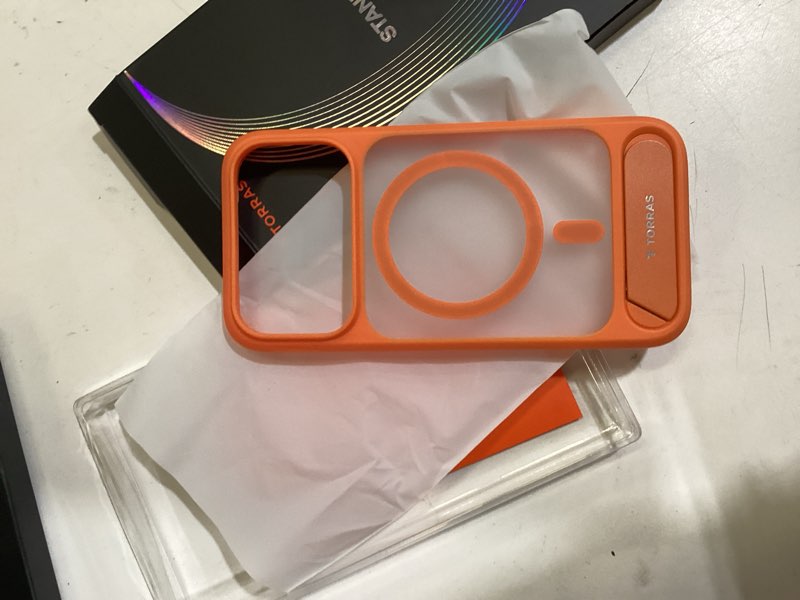 Condition photo showing Good Condition for torras strong magnetic & seamless stand for iphone 17 pro case, fit for magsafe, militray grade protection, built-in kickstand, camera control, translucent slim 17 pro cover ostand, neon orange bright orange-17 pro for iphone 17 pro 6.3”