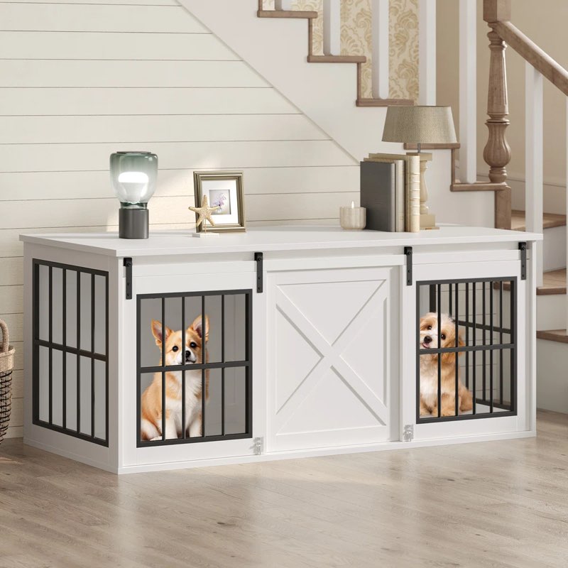 63'' Dog Crate Furniture for 2 Dogs with Divider Heavy Duty Dog Kennel with Sliding Barn Door