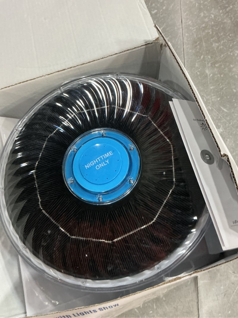 Condition photo showing As Is for solar pool fountain with light show, 2026 upgraded large solar pool water fountain, floating pool fountain for above ground pool,solar floating fountain pump for nighttime use blue-1pk blue for nighttime use
