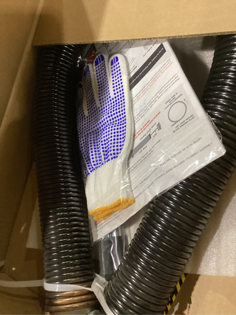 Condition photo showing New/Like New for left hand wind (black cone) 2" garage door torsion spring with non-slip winding bars & gloves, high quality electrophoresis black coated, for replacement, min 16,000 cycles (0.250x2"x40") 0.250x2"x40"-l