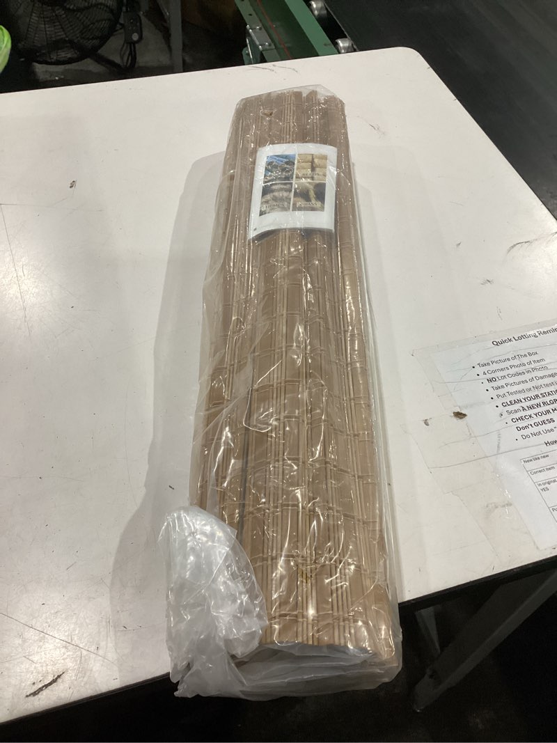 Condition photo showing New/Like New for cordless wood window blinds, bamboo sheer light filtering woven roman shades, tiger wood, 24" w x 48" h 24"w x 48"h camel