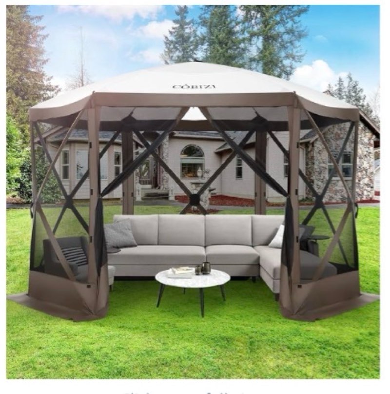 COBIZI 12x12 Pop Up Gazebo Screen Tent Screen House for Camping, Screen Room with Mosquito Netting, Hub Tent Instant Screened Canopy with Carrying Bag and Ground Stakes, Brown