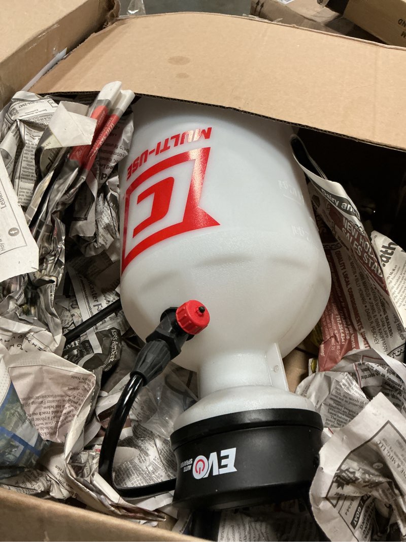 Condition photo showing As Is for chapin 28324 battery powered sprayer, no more pumping, pressured autosprayer, 2 gallon, lawn, garden, anti-clog filter, adjustable spray nozzle, spraying plants, watering, weeds, fertilizer and pests