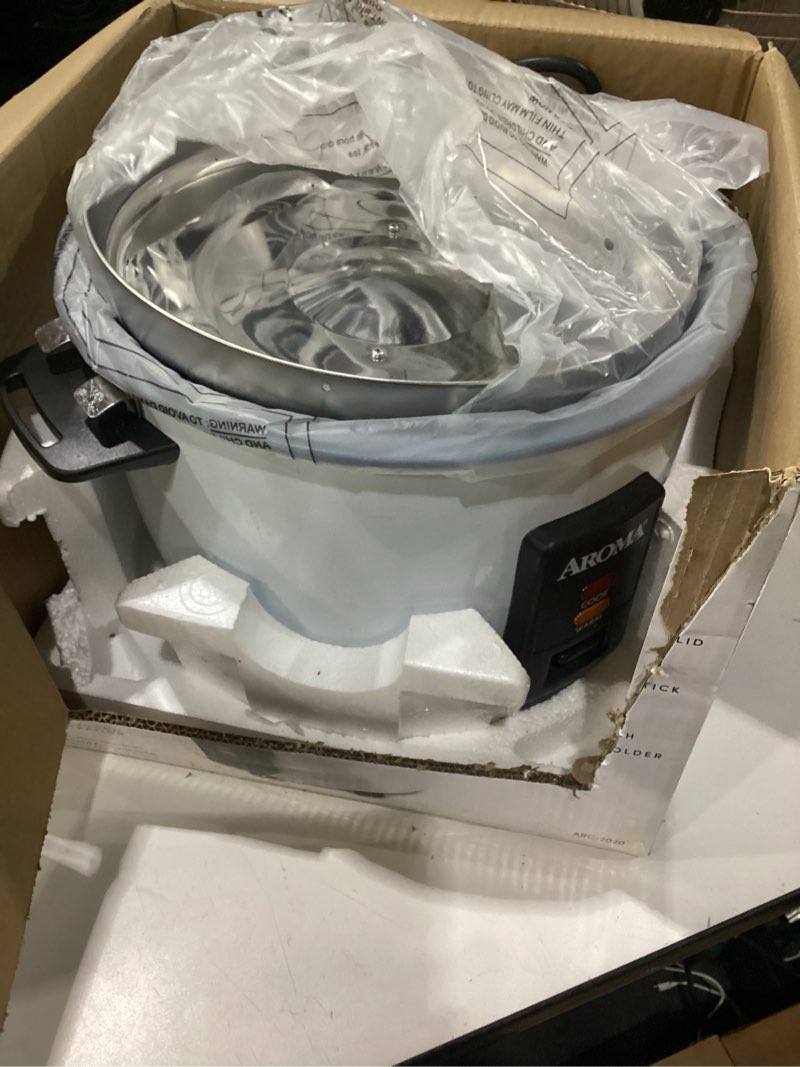 Condition photo showing As Is for aroma 20-cup (uncooked) / 40-cup (cooked) commercial rice cooker and warmer, not tested