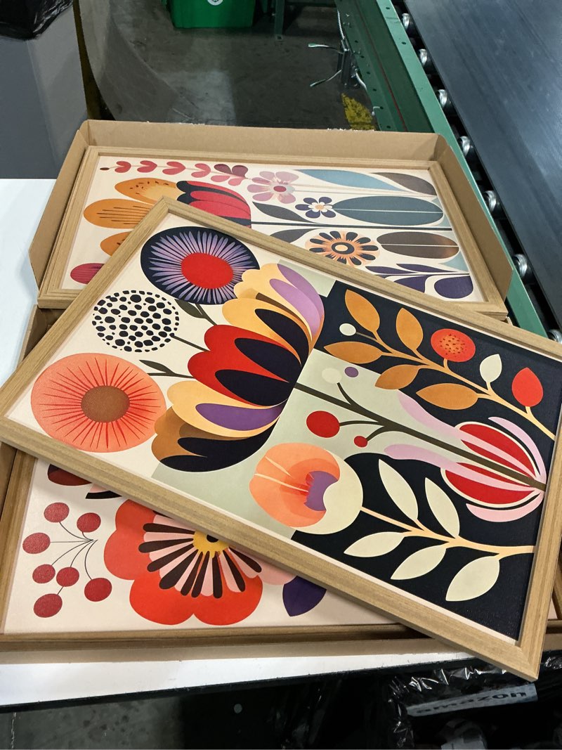 Condition photo showing New/Like New for framed colorful floral wall art set of 3, abstract scandinavian flower canvas wall decor paintings, mid century modern botanical artwork pictures prints for living room bedroom dining room 16x24 inch abstract colorful floral framed 24l" x 16w"