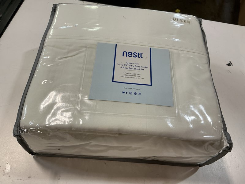 Condition photo showing New/Like New for nestl queen size sheet set, 4 piece extra deep pocket (18-24 inches), microfiber, cooling, hotel luxury, soft, breathable, wrinkle-free, easy to care, off white 02 - off white queen