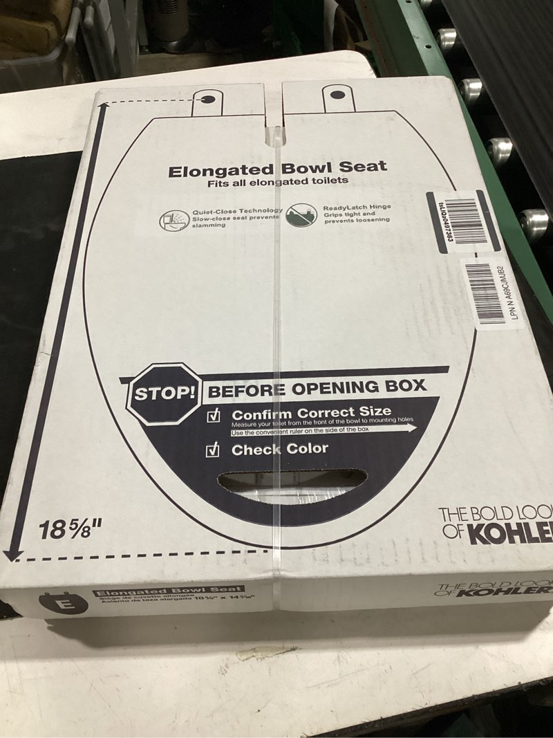 Condition photo showing New/Like New for kohler 4636-rl-0 cachet readylatch elongated toilet seat slow close, soft close toilet seat quiet lid, contoured grip-tight bumpers installation hardware, apartment essentials, white white elongated ready latch