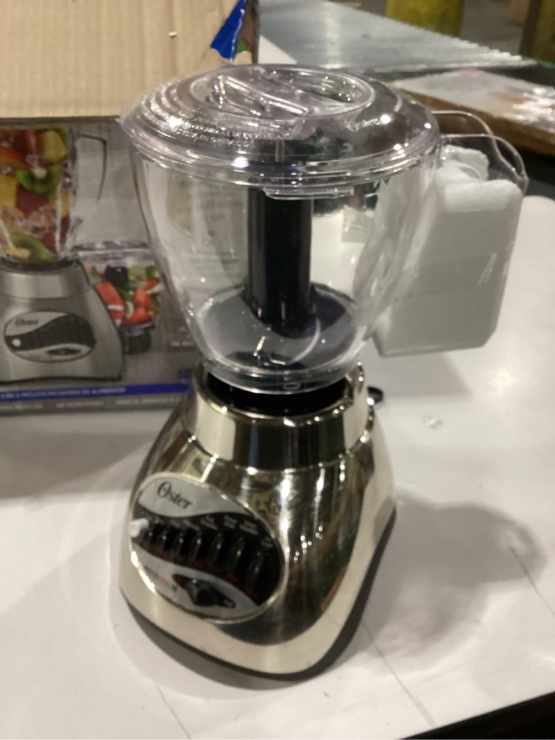 Condition photo showing As Is for incomplete small blender only oster classic series 16-speed blender with food chopper & 6-cup glass jar, countertop kitchen blender, brushed nickel