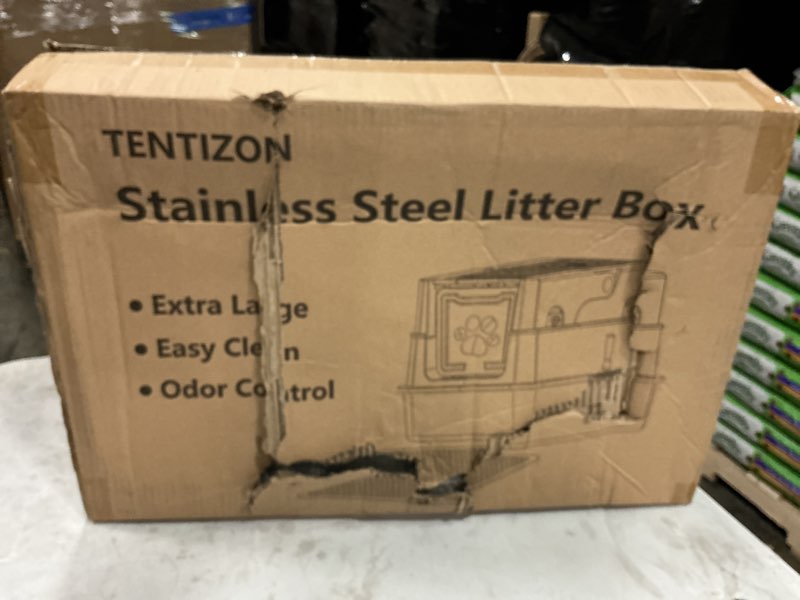 Condition photo showing New/Like New for tentizon stainless steel cat litter box with lid large covered enclosed kitty litterbox with hood flip top high side litter mat scoop for big cats kitten no odor no mess easy clean grey light grey
