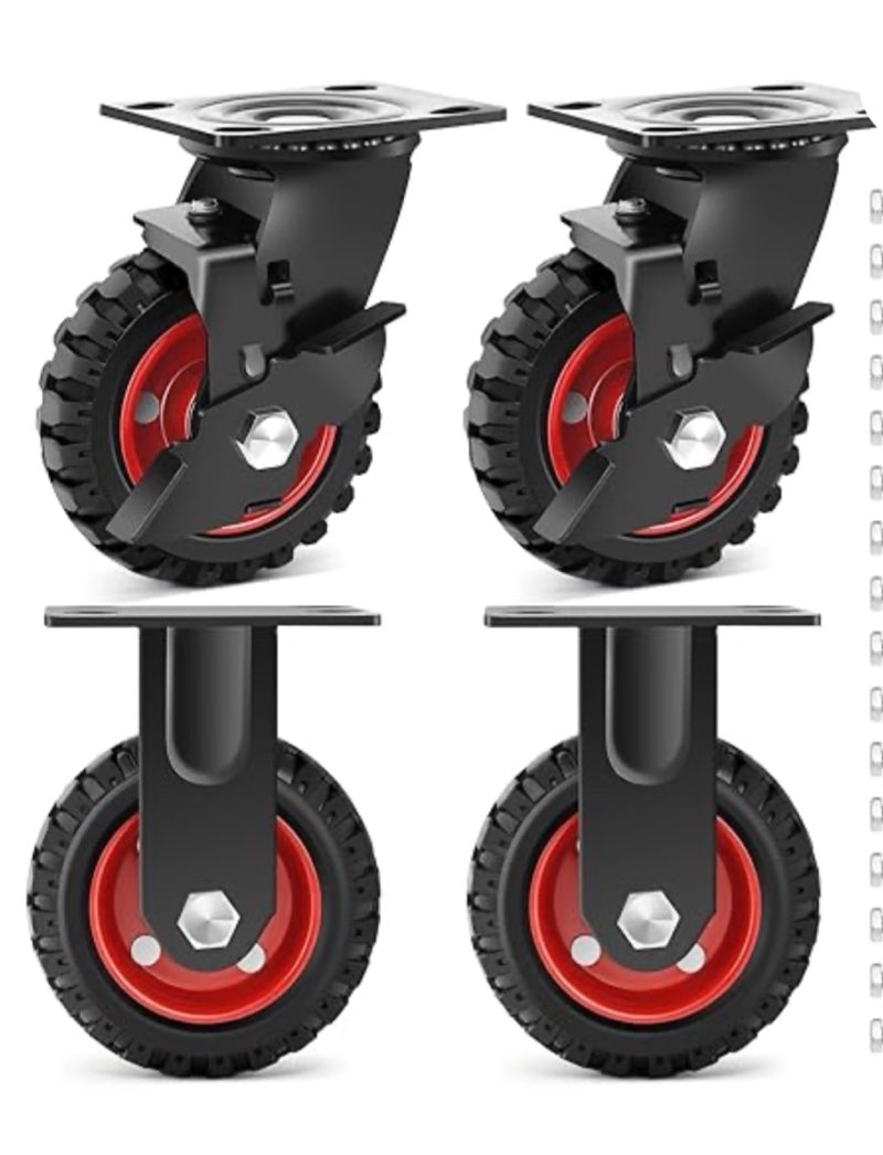 Nefish 5 Inch Heavy Duty Casters Set of 4, Solid Rubber Outdoor Casters Wheels 2200 LBS, Industrial Grade Rubber Castors with Knobby Tread for Cart, Wagon and Chicken Coop (2 Brake & 2 Rigid)