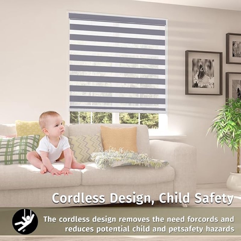 cordless zebra blinds for windows, custom size zebra roller window blinds, dual layer blackout zebra roller shades, window blinds for home, office, kitchen, bathroom 21 * 36in (w*h),dark grey