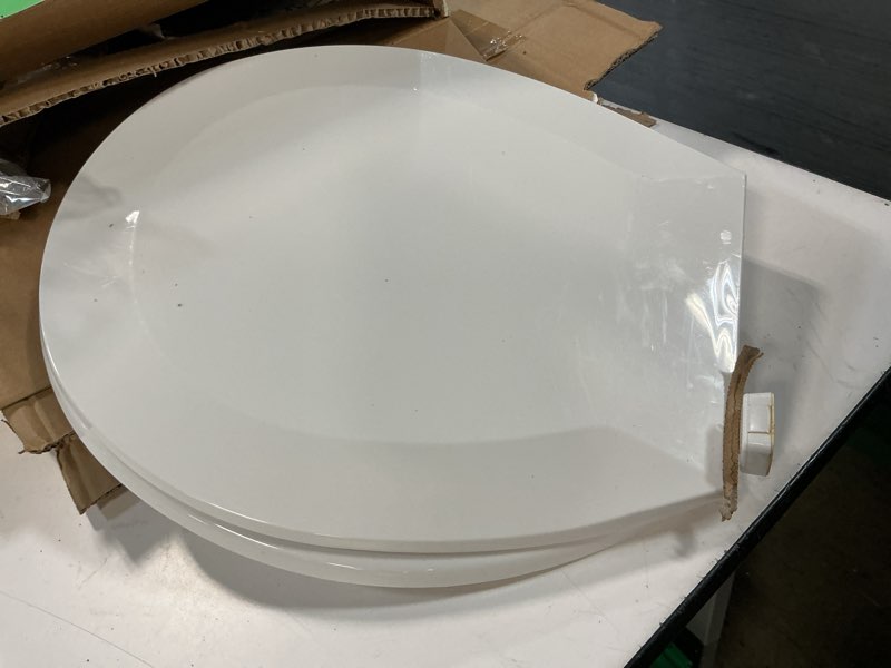 Condition photo showing As Is for toilet seat, slow close, soft touch, ultra-smooth matte finish (no orange-peel texture), premium moulded wood, quick release, white, piklids (round)
