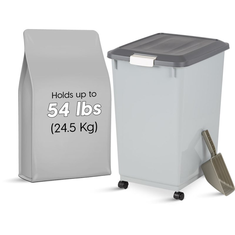  dog food storage container with wheels, airtight lid, 2-cup scoop, up to 54 pounds