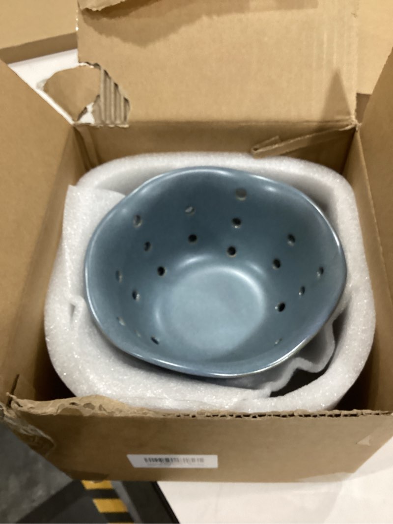 Condition photo showing New/Like New for gomakren ceramic berry basket set of 2, elegant fruit basket container 6 inch, fruit bowl with holes for kitchen counter, berries, strawberry, grape, cherry, floral shape - slate blue slate blue floral-6 inch