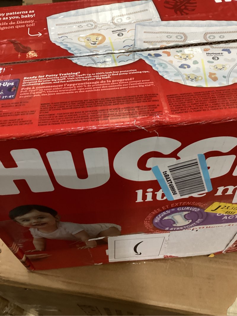 Condition photo showing New/Like New for huggies size 3 diapers, little movers baby diapers, size 3 (16-28 lbs), 136 count, packaging may vary
