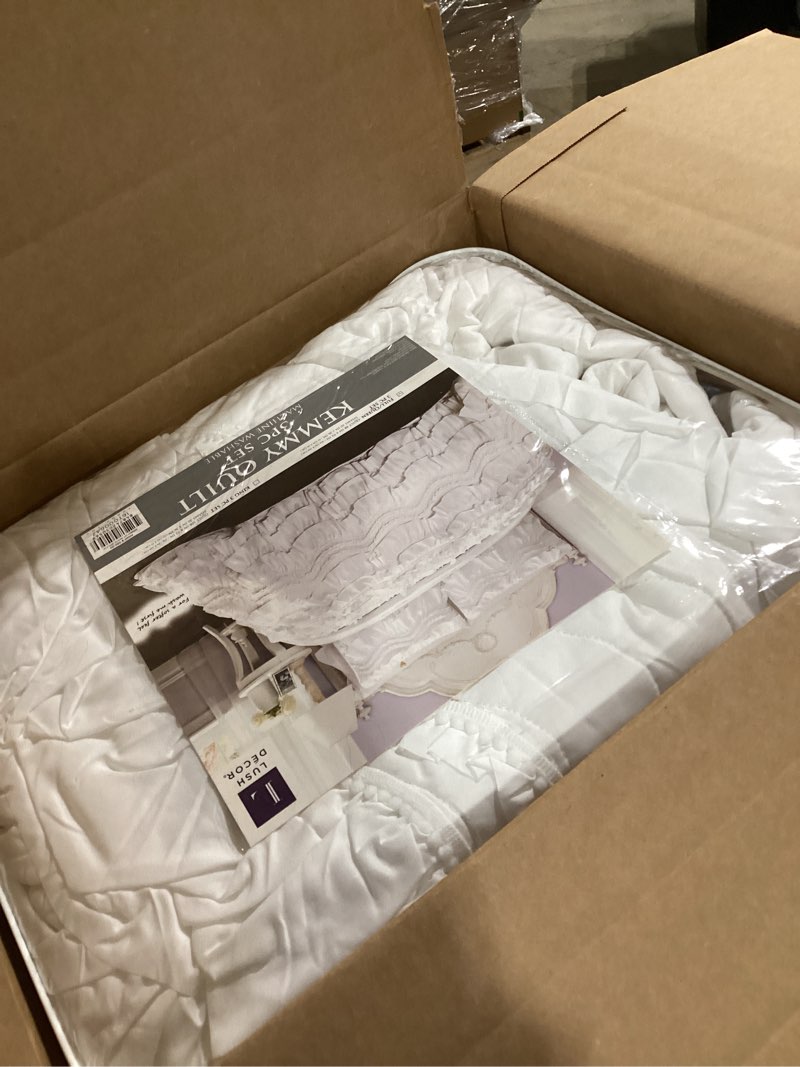 Condition photo showing As Is for Lush Decor Kemmy Quilt Set, 3 Piece Set Full/Queen, White - Ruffled Bedding Set - Queen Size Quilt Full - White Bedding - Coquette Decor White Full/Queen