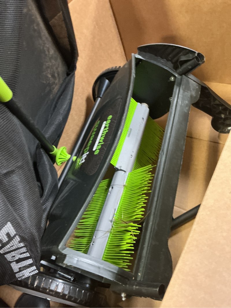 Condition photo showing As Is for Earthwise LSW70021 21-Inch Width Leaf & Grass Push Lawn Sweeper, Black