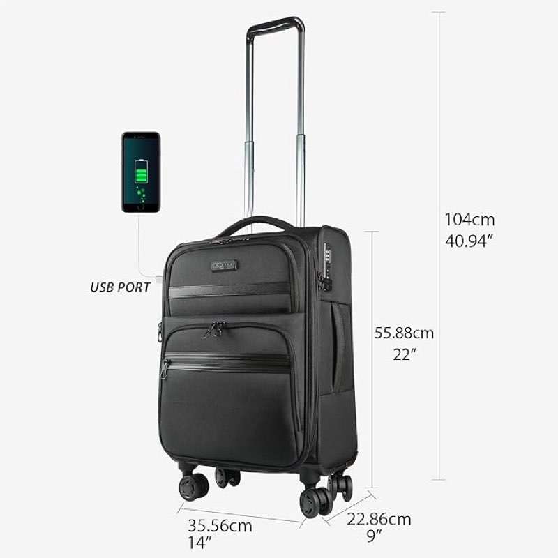kroser softside expandable carry on luggage with front business pockets?20 inch suitcases with spinner wheels & built-in tsa lock, durable suitcase rolling luggage with usb port, black
