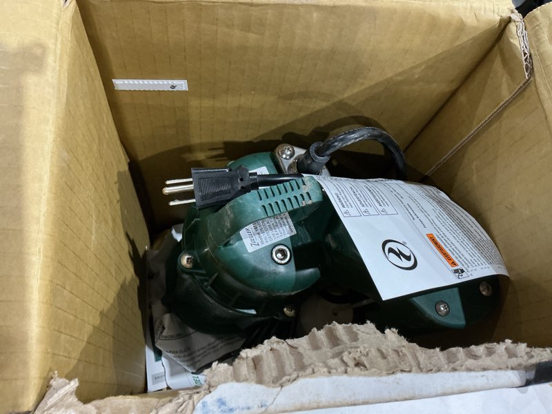 Condition photo showing As Is for not exact similar to zoeller m98 flow-mate sump pump - 1/2 hp - cast iron - led power plug - high flow - vortex impeller - stainless steel hardware - factory tested and float operated - submersible sump pump - 115v green submersible,sump pump