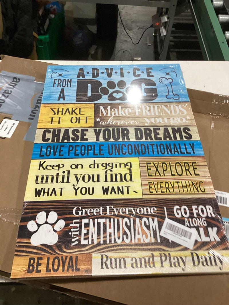Condition photo showing New/Like New for Rustic Farmhouse Funny Dog Wall Art: Cute Pets Rules & Inspirational Quotes, Framed for Vet Office or Dog Lover Room Decor dog 16"L x 24"W