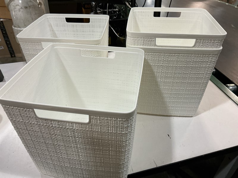Condition photo showing New/Like New for curver set of 4 large cube 17l jute decorative plastic organization and storage baskets - perfect bins for home office, closet shelves, kitchen pantry and all bedroom essentials, white white large cube 17l