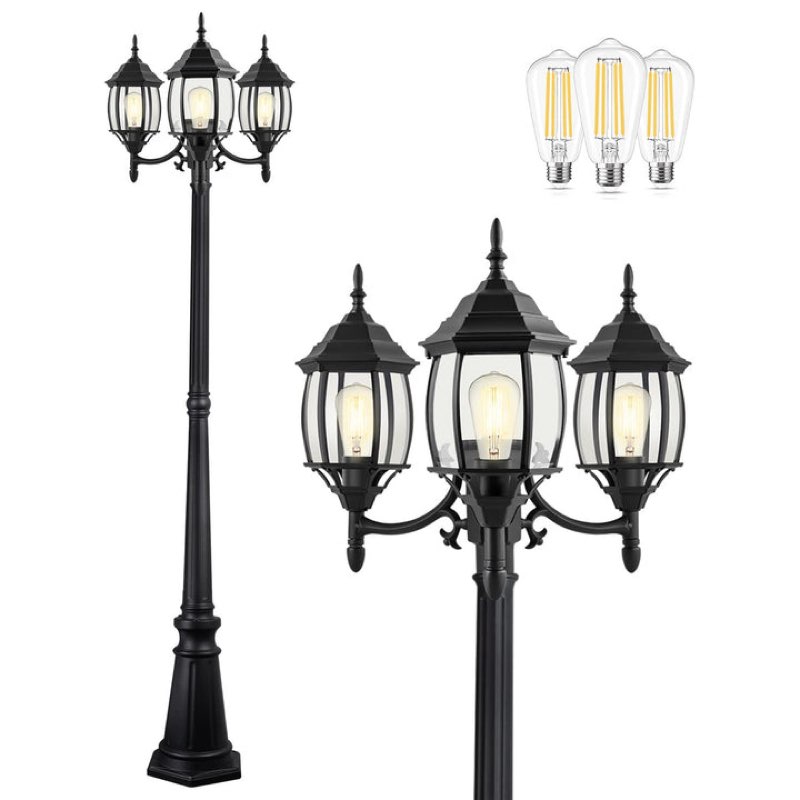 partphoner outdoor lamp post light - 3-head, black aluminum, e26 base, waterproof, 100w max, includes 3 led bulbs, model pl001 