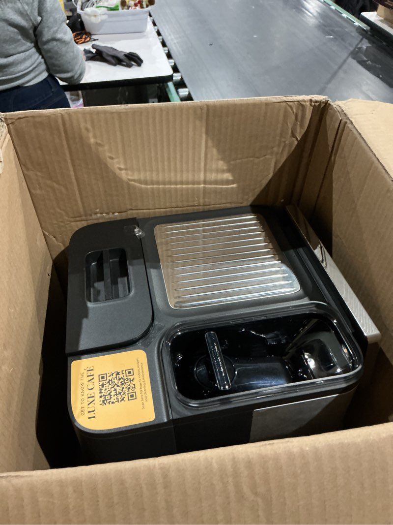 Condition photo showing As Is for ninja luxe café 3-in-1 espresso, drip coffee and cold brew machine | integrated coffee grinder, milk frother, assisted tamper & built-in espresso accessory storage | stainless steel | es601 luxe cafe stainless steel