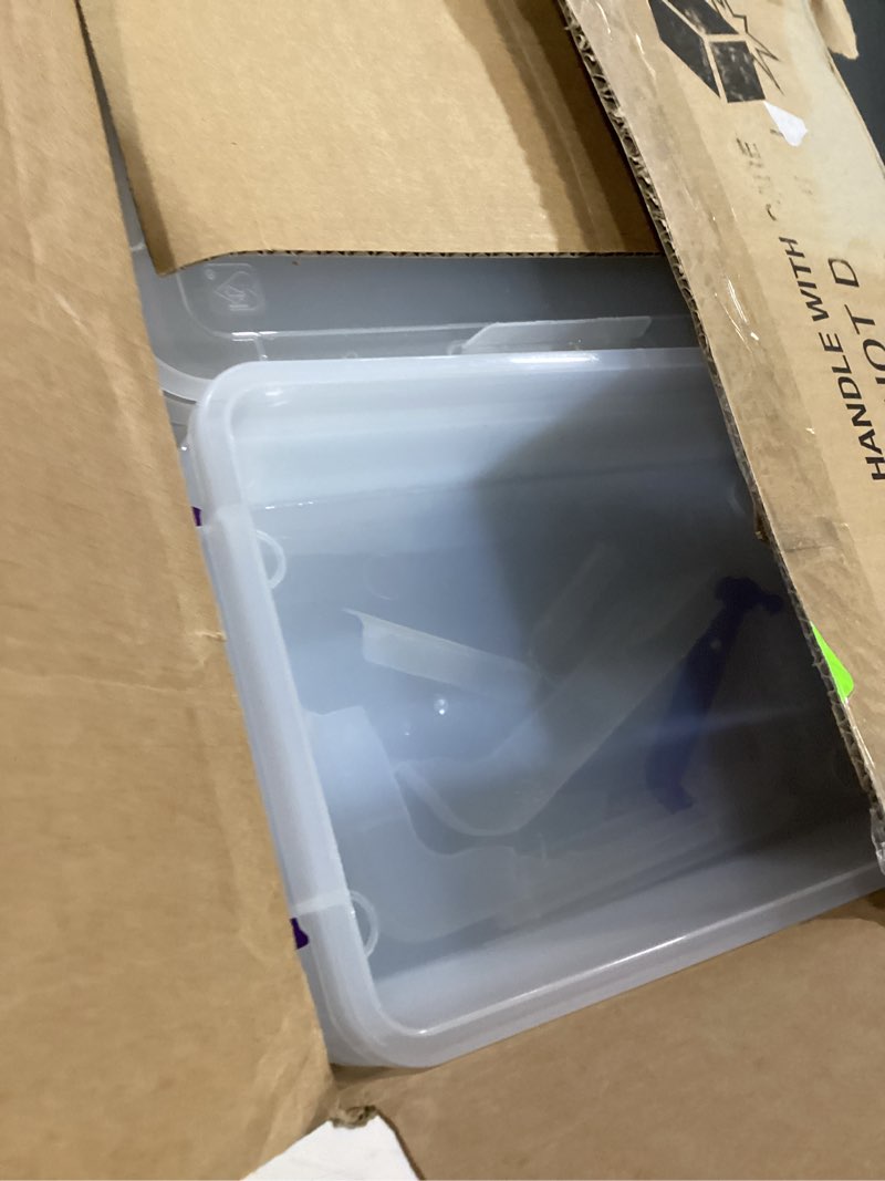 Condition photo showing As Is for IRIS USA 3 Qt. Plastic Craft Storage Container Bins with Lids, 10 Pack, Small Art & Office Supply Organizer Tote, Sensory Bins & Boxes for Home & University, Stackable, Secure Latch Buckles, Clear 3 Qt. - 10 Pack STACK