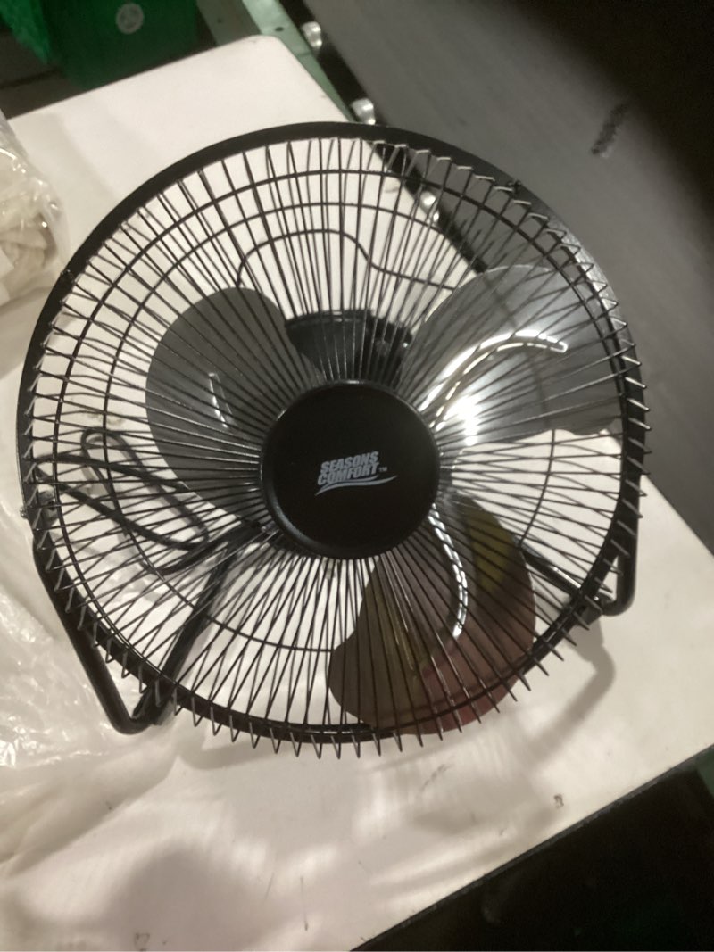 Condition photo showing Good Condition for Seasons Comfort 9 Inch High Velocity Fan, Black, 3 Speeds, 360 Degree Tilt, Carry Handle, 30 W - Heavy Duty Metal Industrial Floor Fan for Home, Office & Worksite