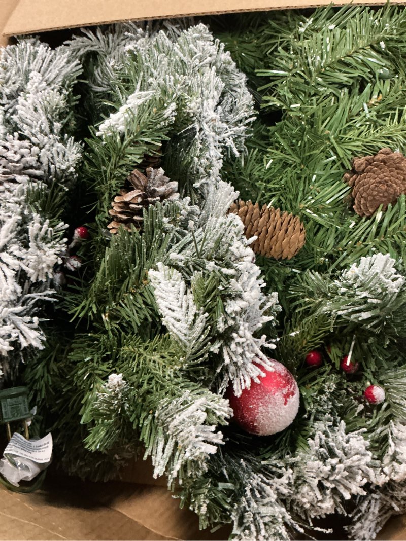 Condition photo showing Good Condition for 9FT Artificial Christmas Snow Garland with 50 Clear Lights, Pulg in, Pine Cone, Red Berry, String Light for Outdoor Indoor, Home Decoration Mantle Stairs Railing Fireplace Door Plug In Polypropylene Flock Snow 9FT