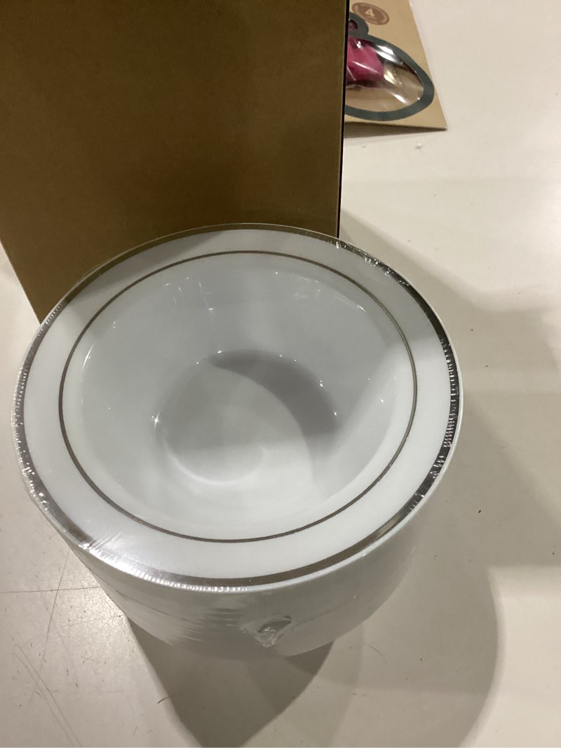 Condition photo showing New/Like New for Jinei 150 Pieces 6 oz Plastic Bowls with Rim Small Disposable Soup Bowls for Dessert Salad Soup Candy Wedding Thanksgiving Catering Holidays Party Supplies (White,Silver Rim) 150 Silver Rim