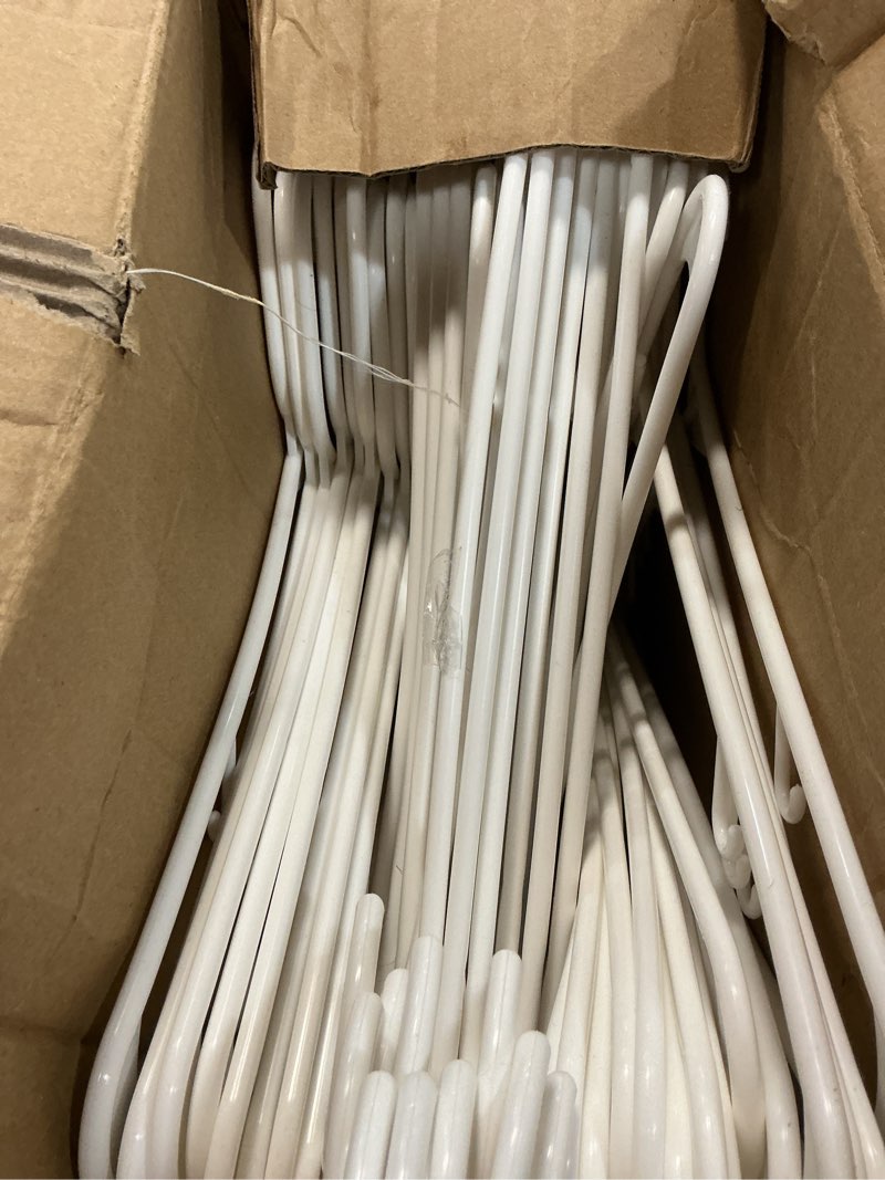 Condition photo showing Good Condition for house day white plastic hangers pack, plastic clothes hangers with built-in hooks, durable and strong plastic coat hangers for closet, space saving clothing hanger for shirts, coats, skirt, dress pack white