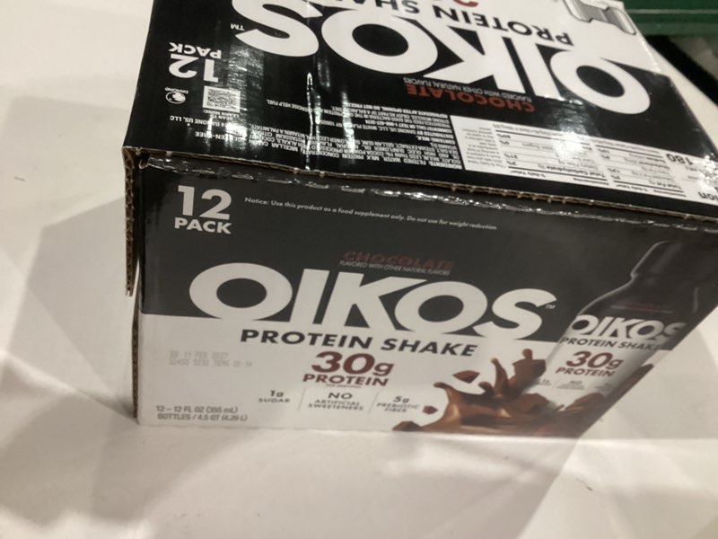 Condition photo showing New/Like New for Oikos Protein Shake, Chocolate, 30g High Protein Drinks, Shelf Stable, Ready to Drink, 5g Prebiotic Fiber, 12 fl oz Bottle, 12 Count?
